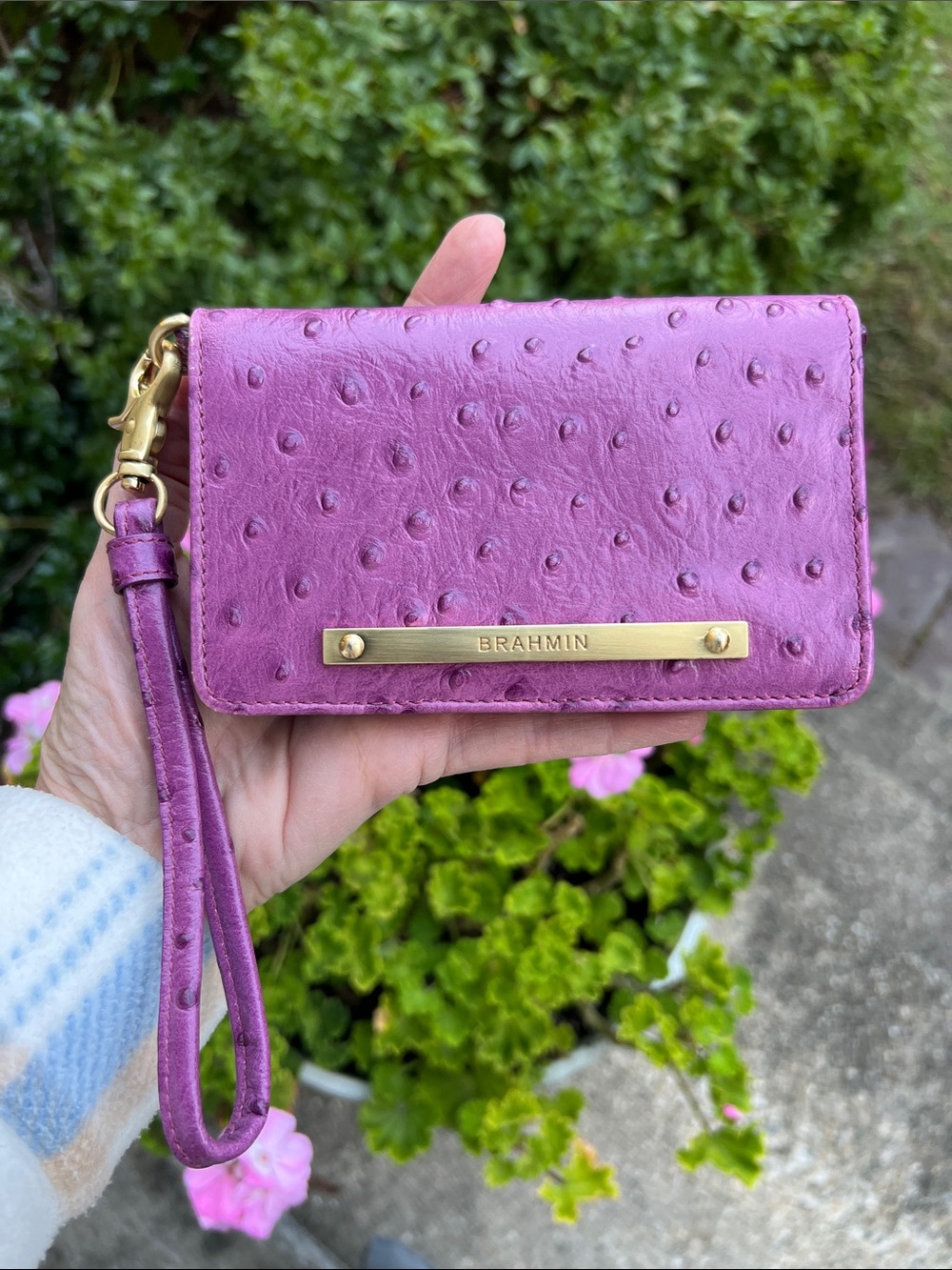 Brahmin Fuchsia Ostrich-Embossed Leather Card Holder Wristlet